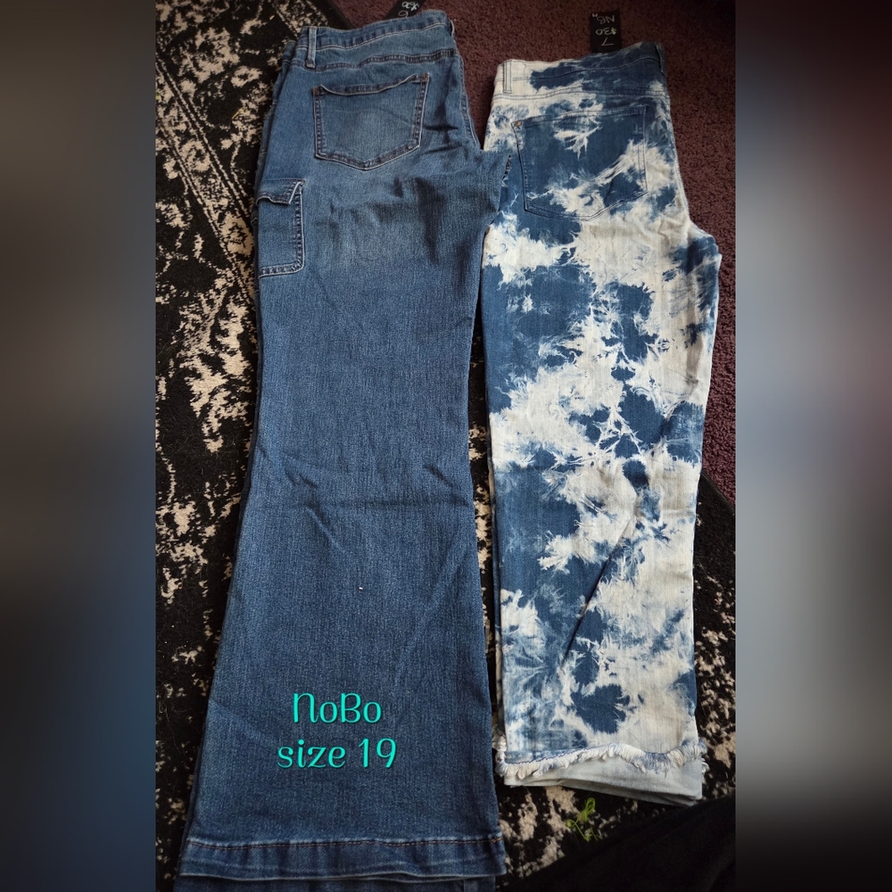 NOBO Women's Flare Jeans Duo in Solid Indigo and Blue Tie-Dye Crops Bundle #16